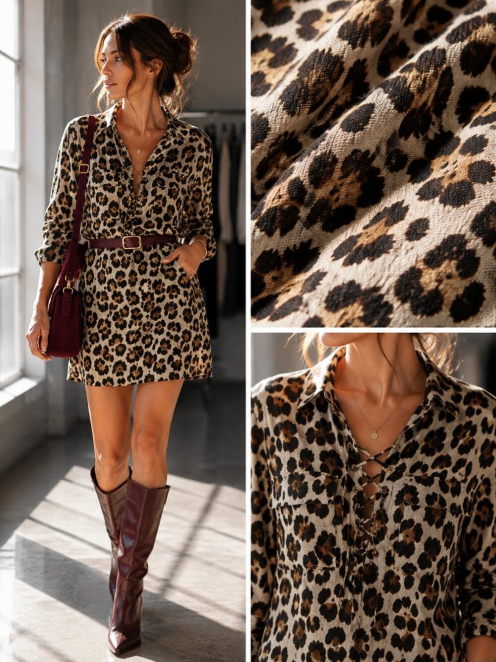 Equipment Tan Brown Leopard Cotton Lace Up Tunic Longline Dress Boho S
